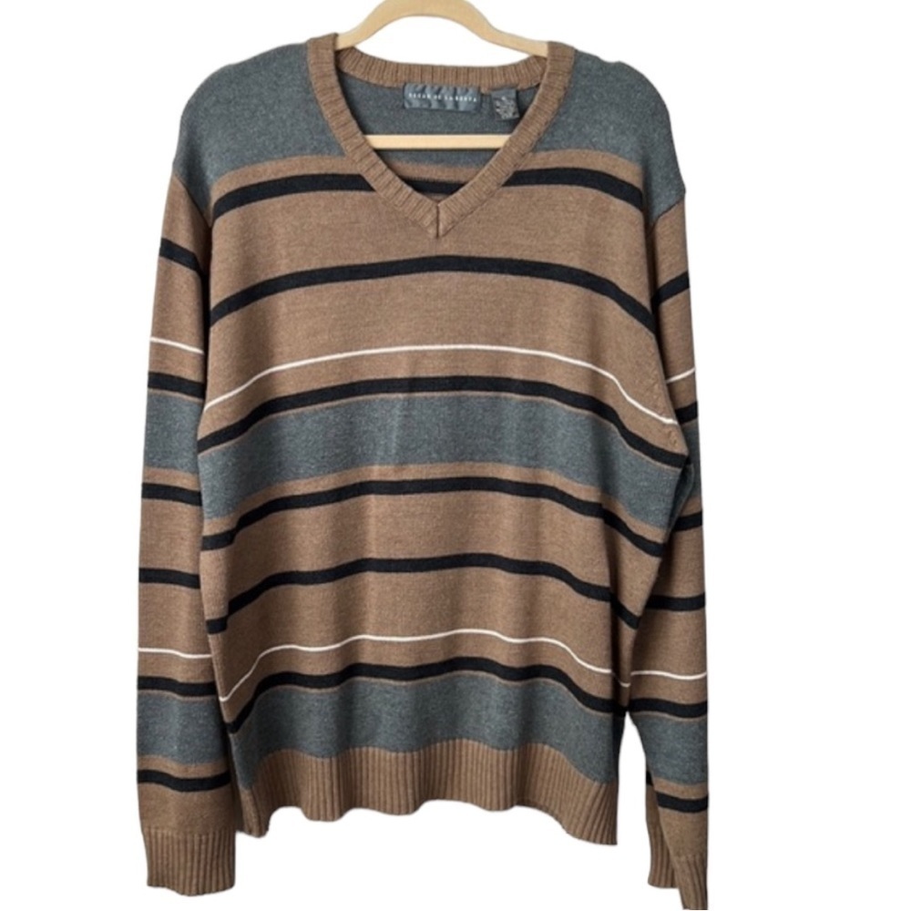 Vintage Oscar De La Renta Striped V-Neck Long Sleeve Sweater Size XL